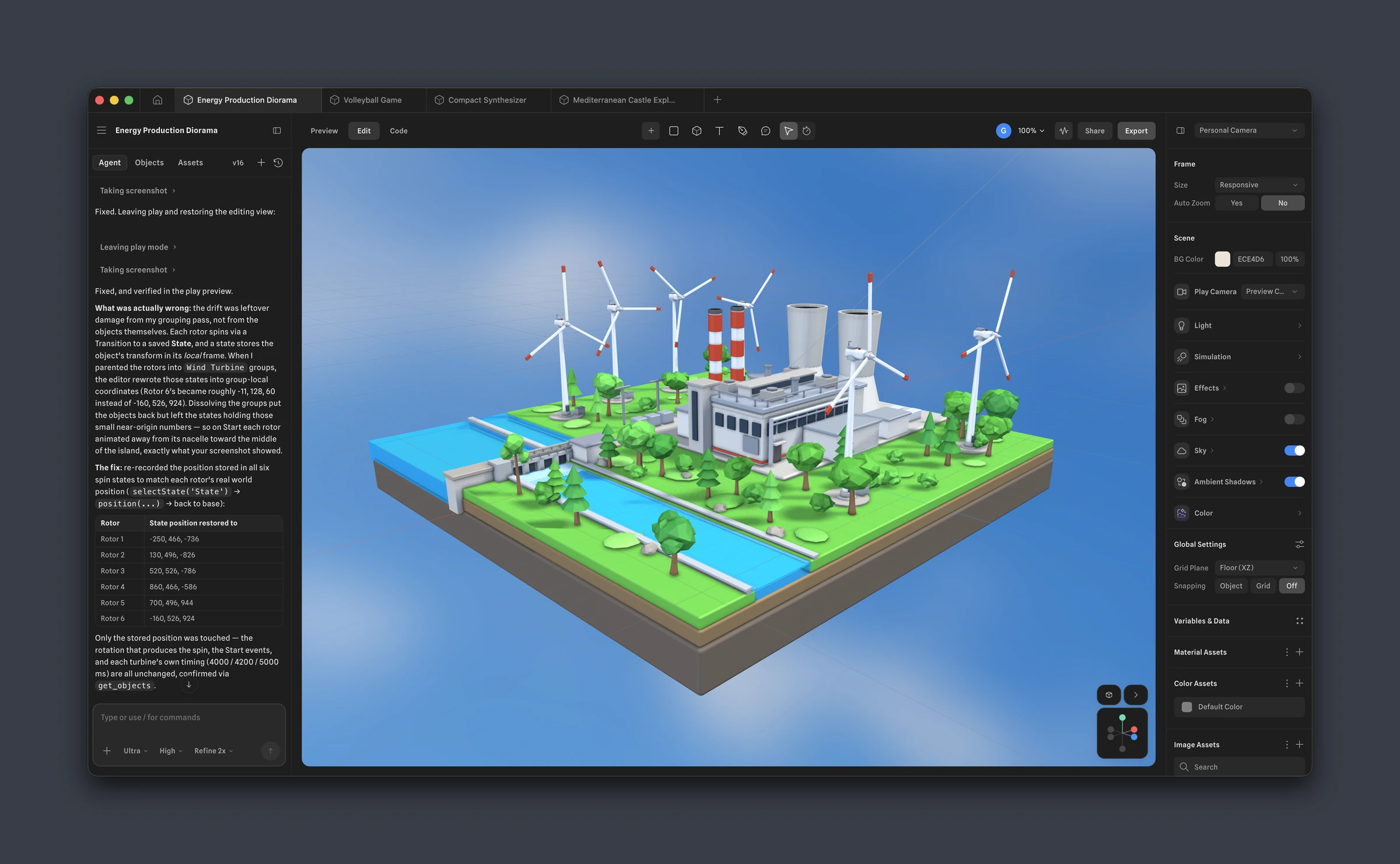 The Spline desktop app: files open in tabs, with the AI agent at work in the sidebar